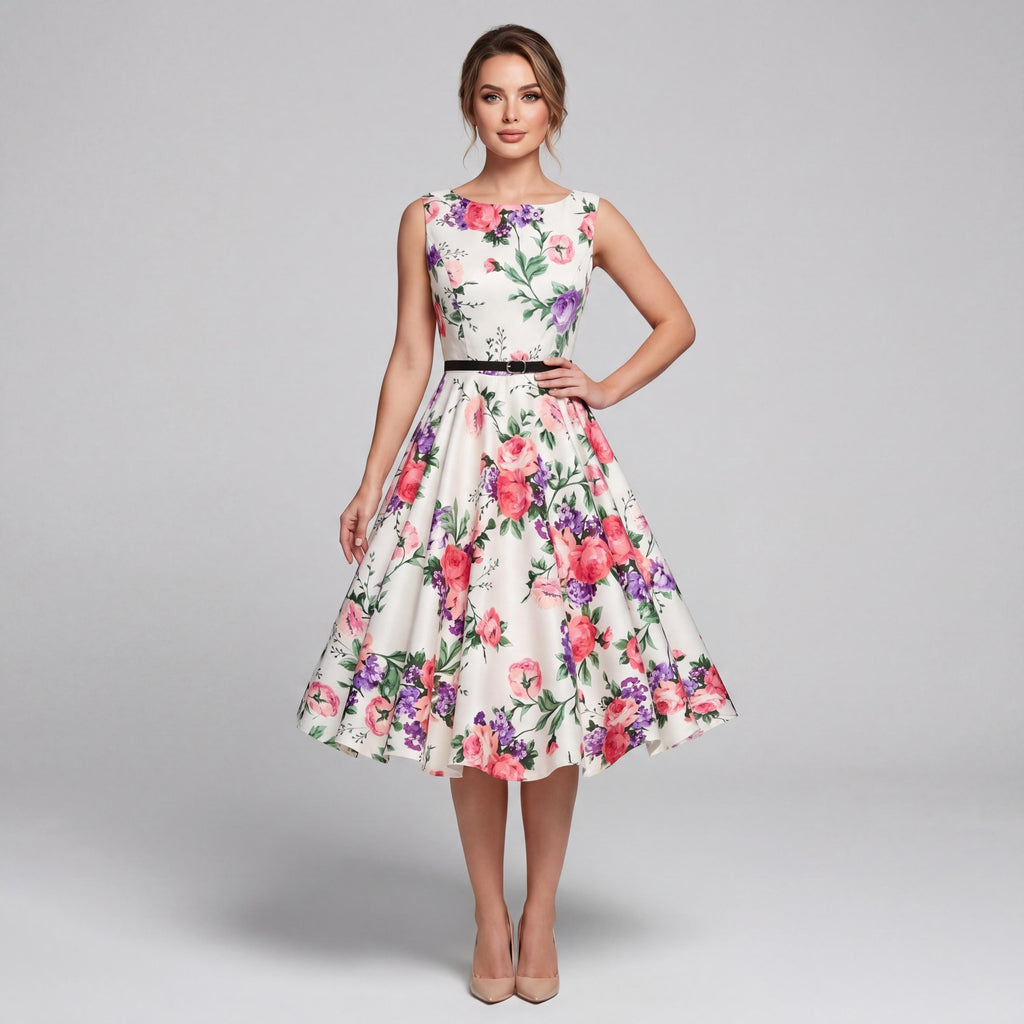Vintage Inspired Floral Midi Dress – Garden Party Swing Outfit