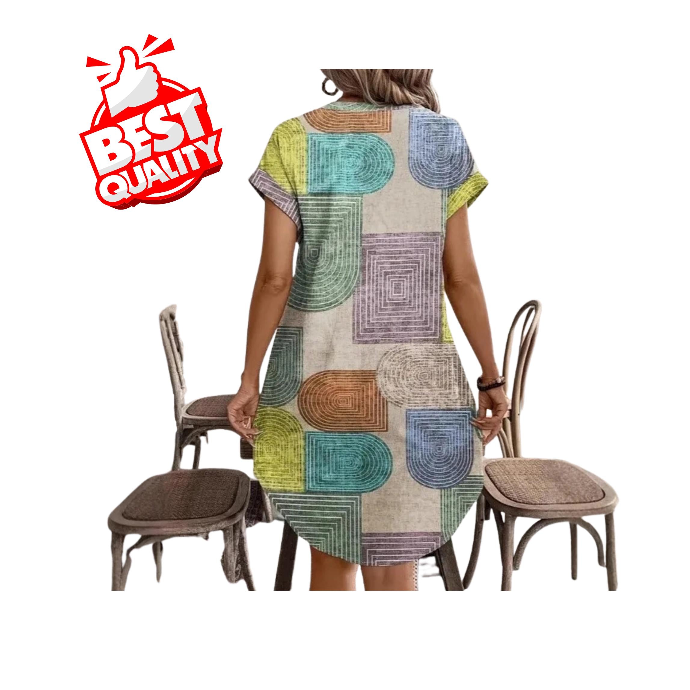 European & American Geometric Print Summer V-Neck Button-Up Dress for Women