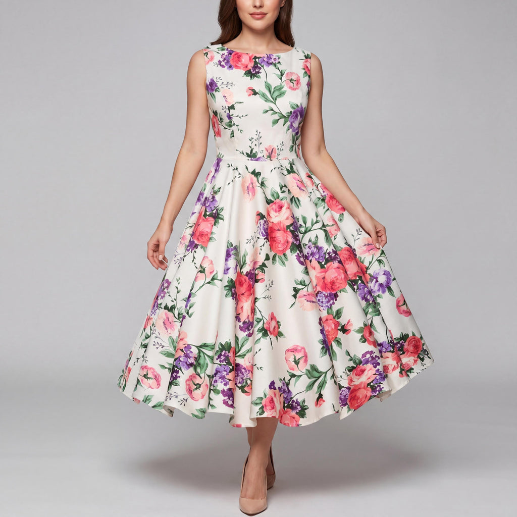 Vintage Inspired Floral Midi Dress – Garden Party Swing Outfit