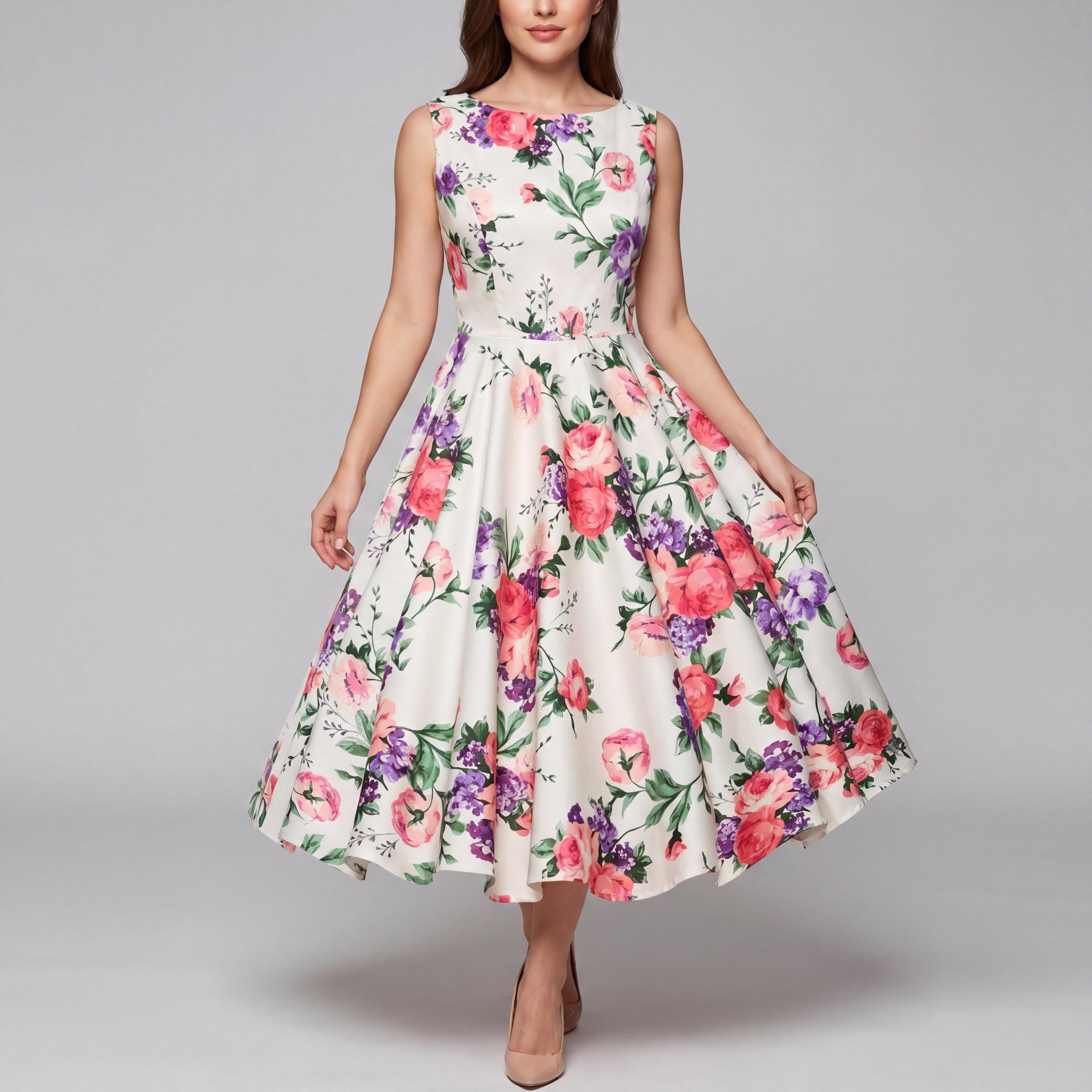 Vintage Inspired Floral Midi Dress – Garden Party Swing Outfit