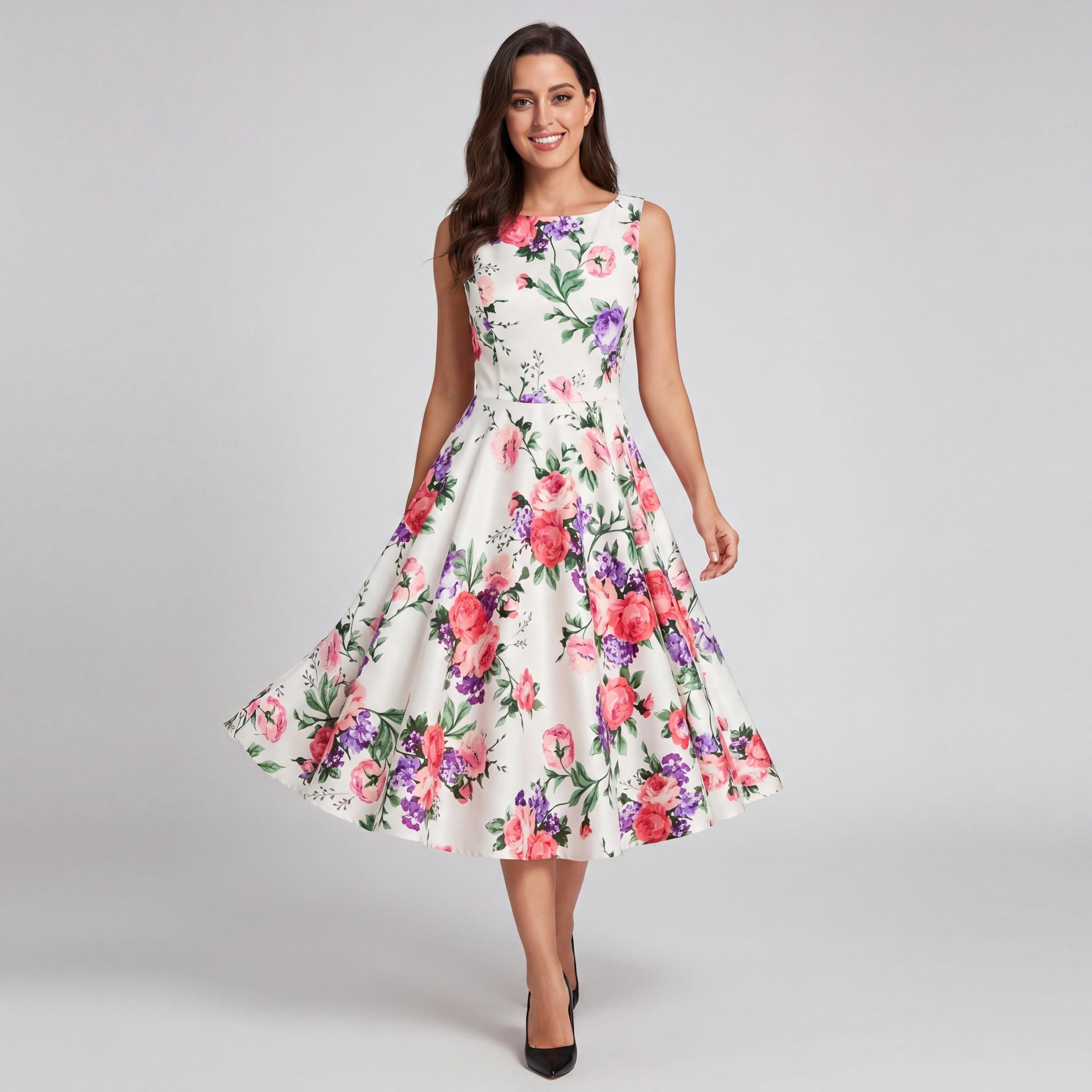 Vintage Inspired Floral Midi Dress – Garden Party Swing Outfit