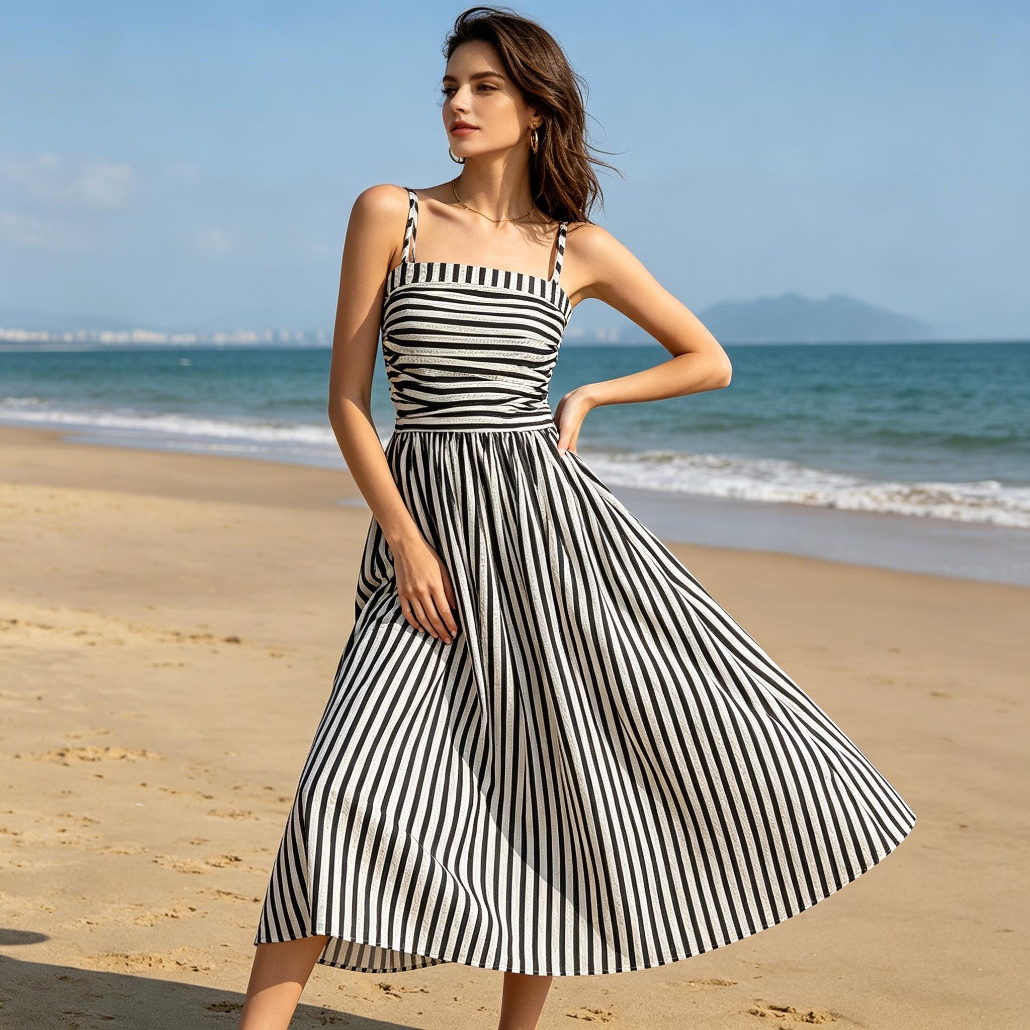 Striped Spaghetti Strap Dress, Off-Shoulder Waist Cinch Maxi Dress, Elegant Summer Long Dress, Flirty Women's Sundress, Handmade Summer