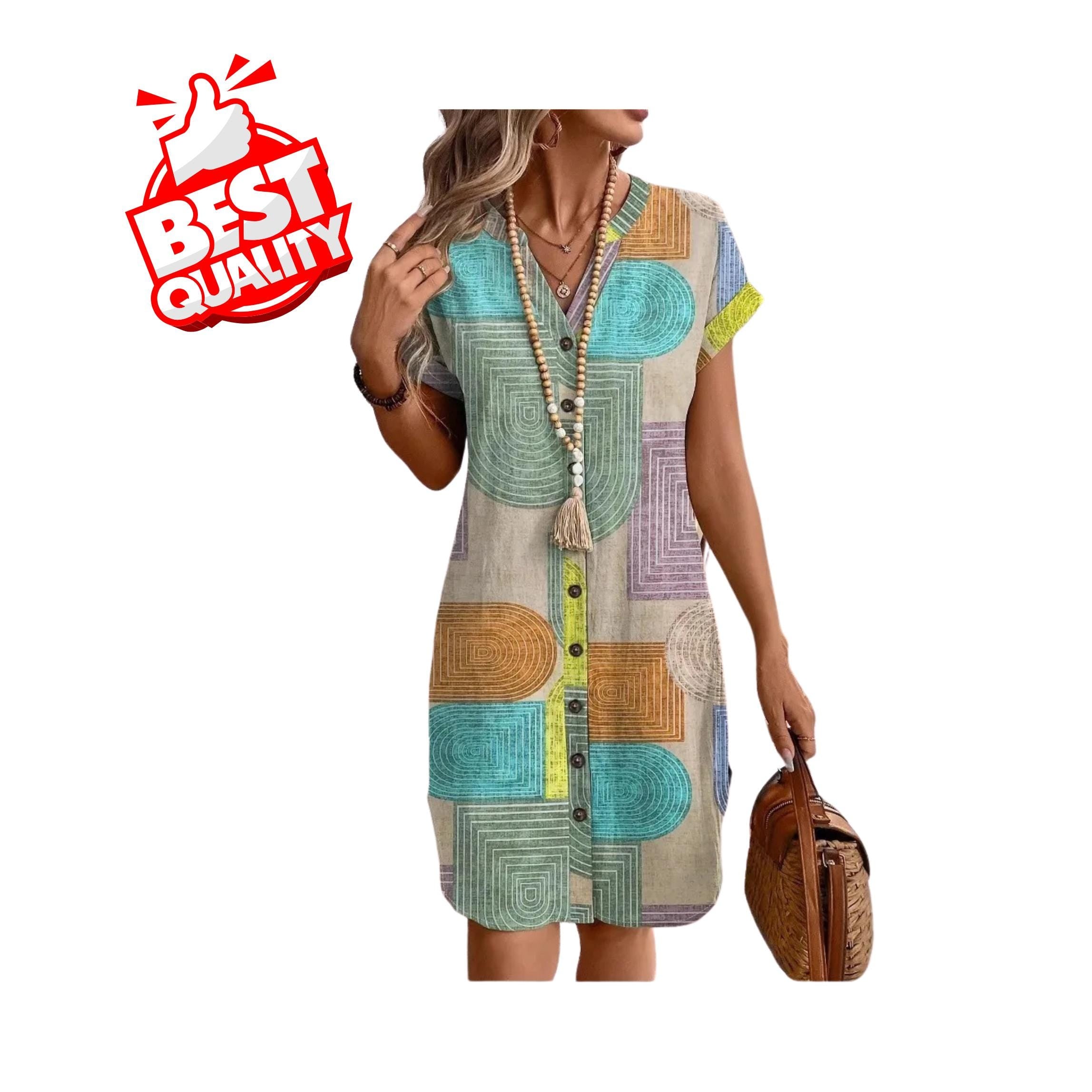 European & American Geometric Print Summer V-Neck Button-Up Dress for Women