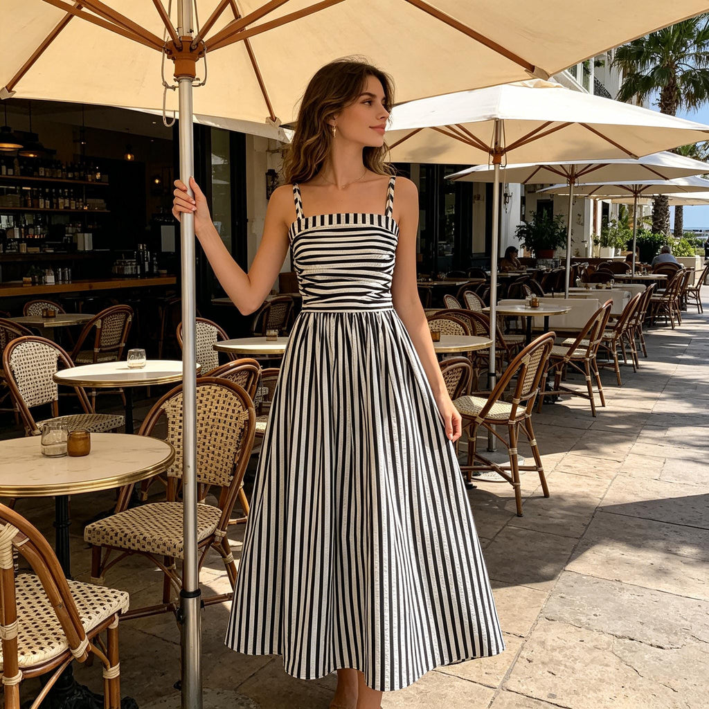 Striped Spaghetti Strap Dress, Off-Shoulder Waist Cinch Maxi Dress, Elegant Summer Long Dress, Flirty Women's Sundress, Handmade Summer