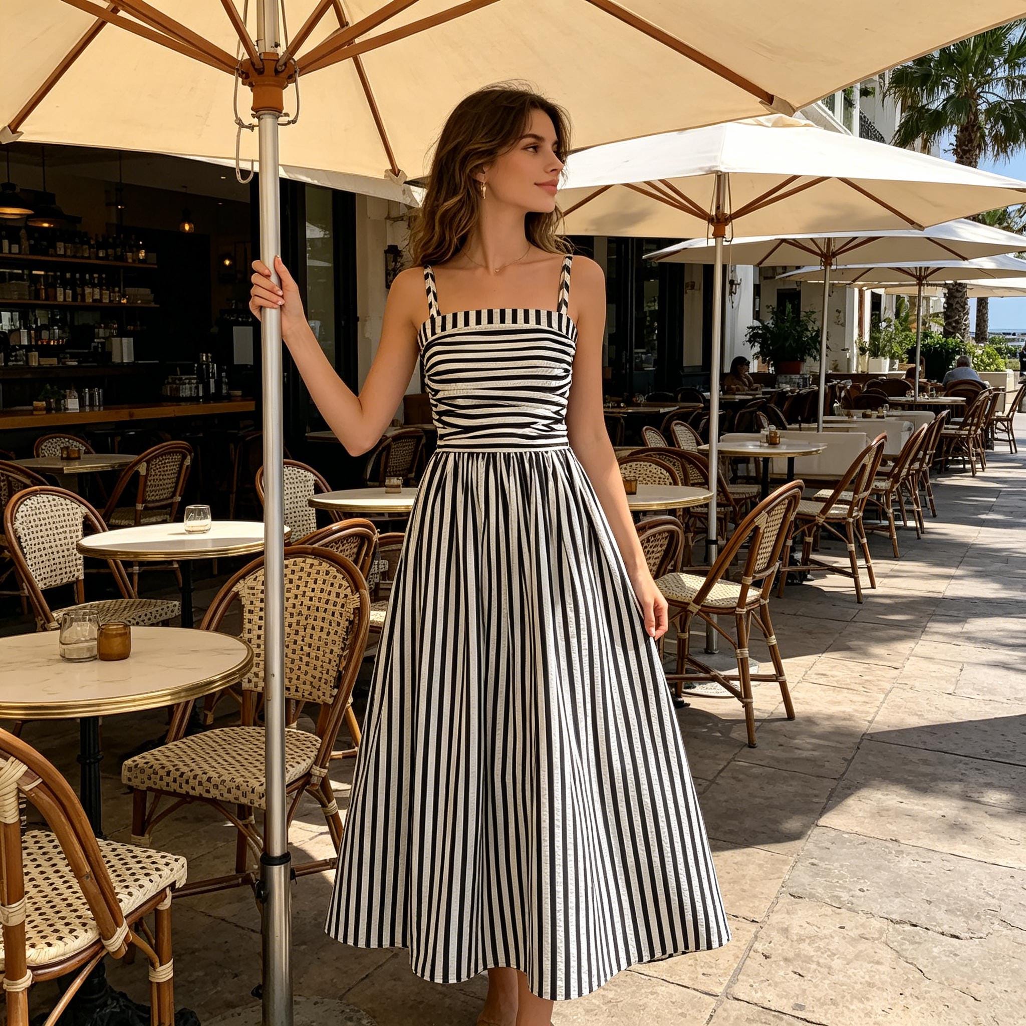 Striped Spaghetti Strap Dress, Off-Shoulder Waist Cinch Maxi Dress, Elegant Summer Long Dress, Flirty Women's Sundress, Handmade Summer
