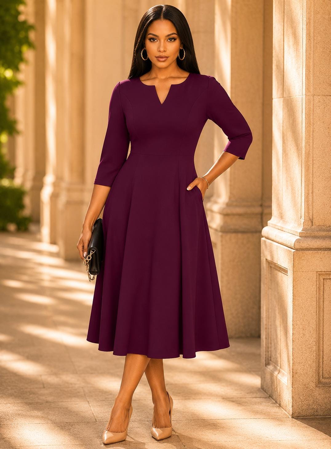 Wedding Guest Dress | Cocktail Party Dress | Elegant Formal Midi A-Line | Evening Work Office Outfit