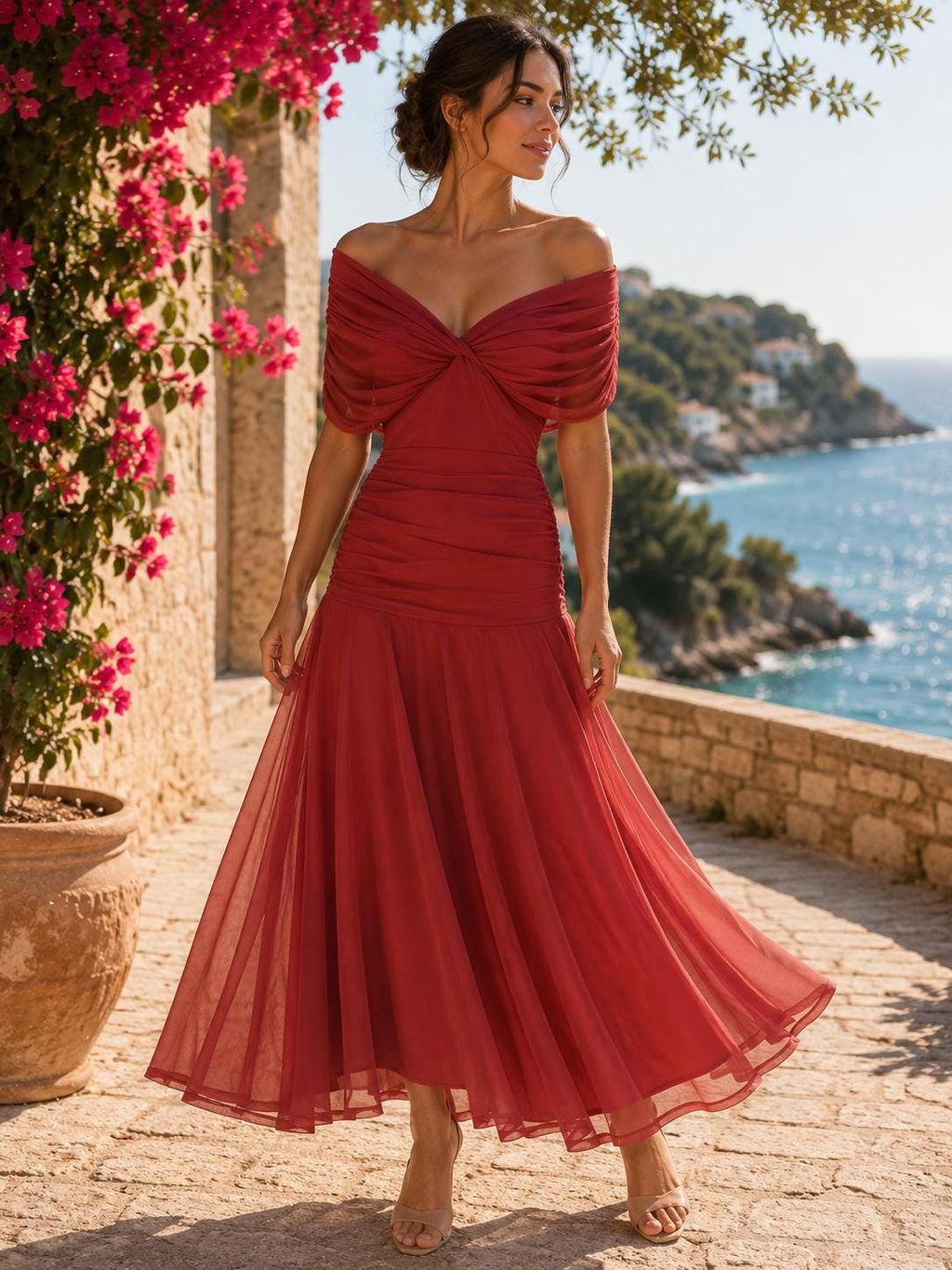 Womens Deep V-Neck Waist-Cinching Off-Shoulder Two-Way Wear Flared Dress