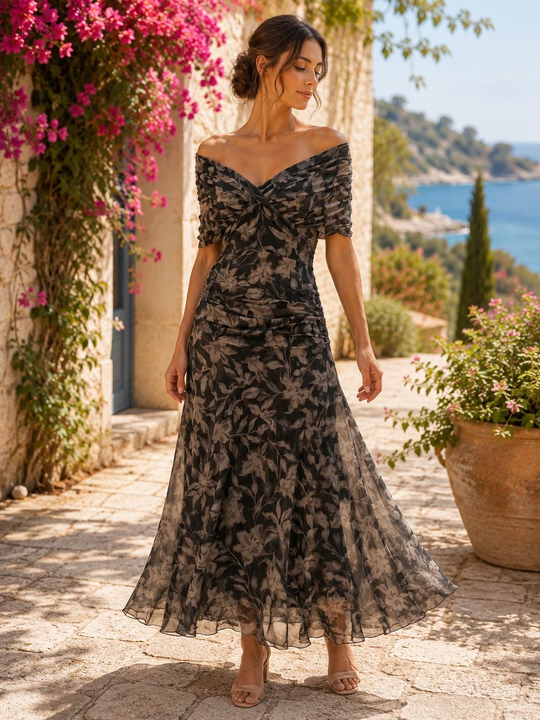 Womens Deep V-Neck Waist-Cinching Off-Shoulder Two-Way Wear Flared Dress
