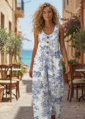 Boho Floral Jumpsuit Women, Wide Leg Romper with Pockets Sleeveless Summer Outfit, Lightweight Bohemian Vacation One Piece Resort Wear