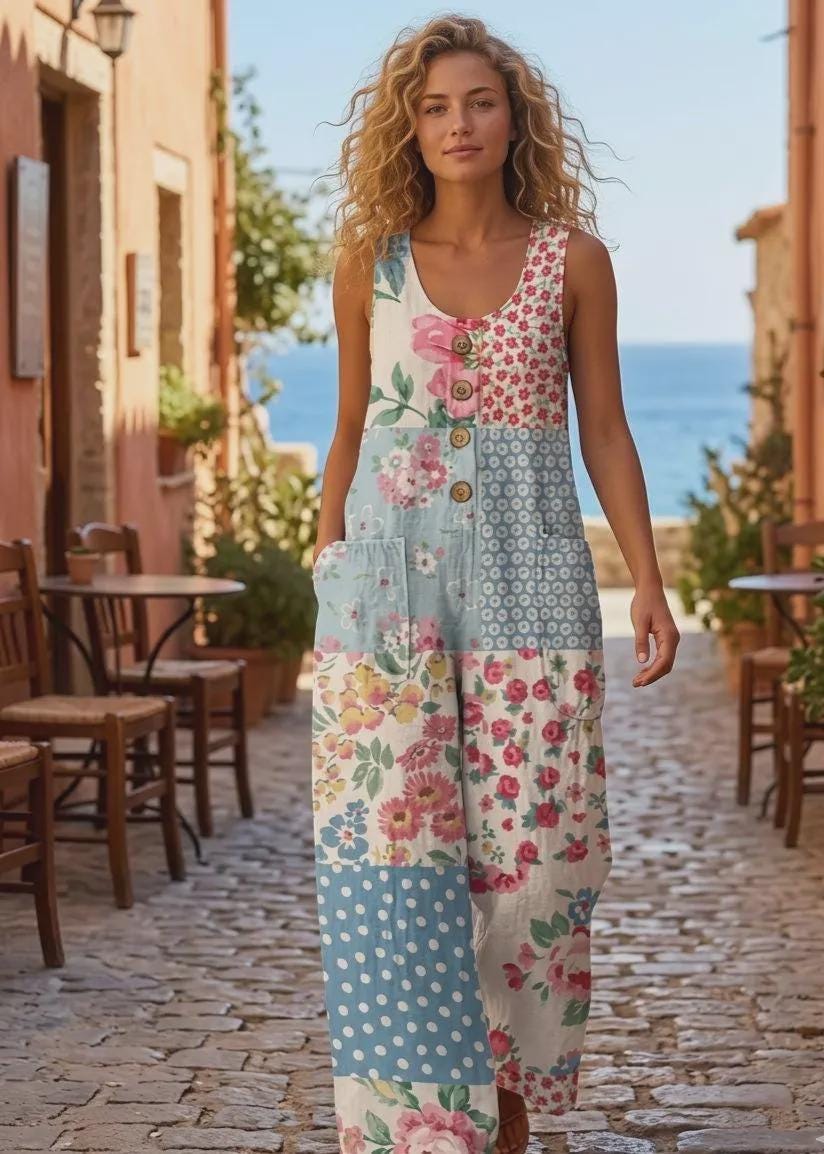 Boho Floral Jumpsuit Women, Wide Leg Romper with Pockets Sleeveless Summer Outfit, Lightweight Bohemian Vacation One Piece Resort Wear