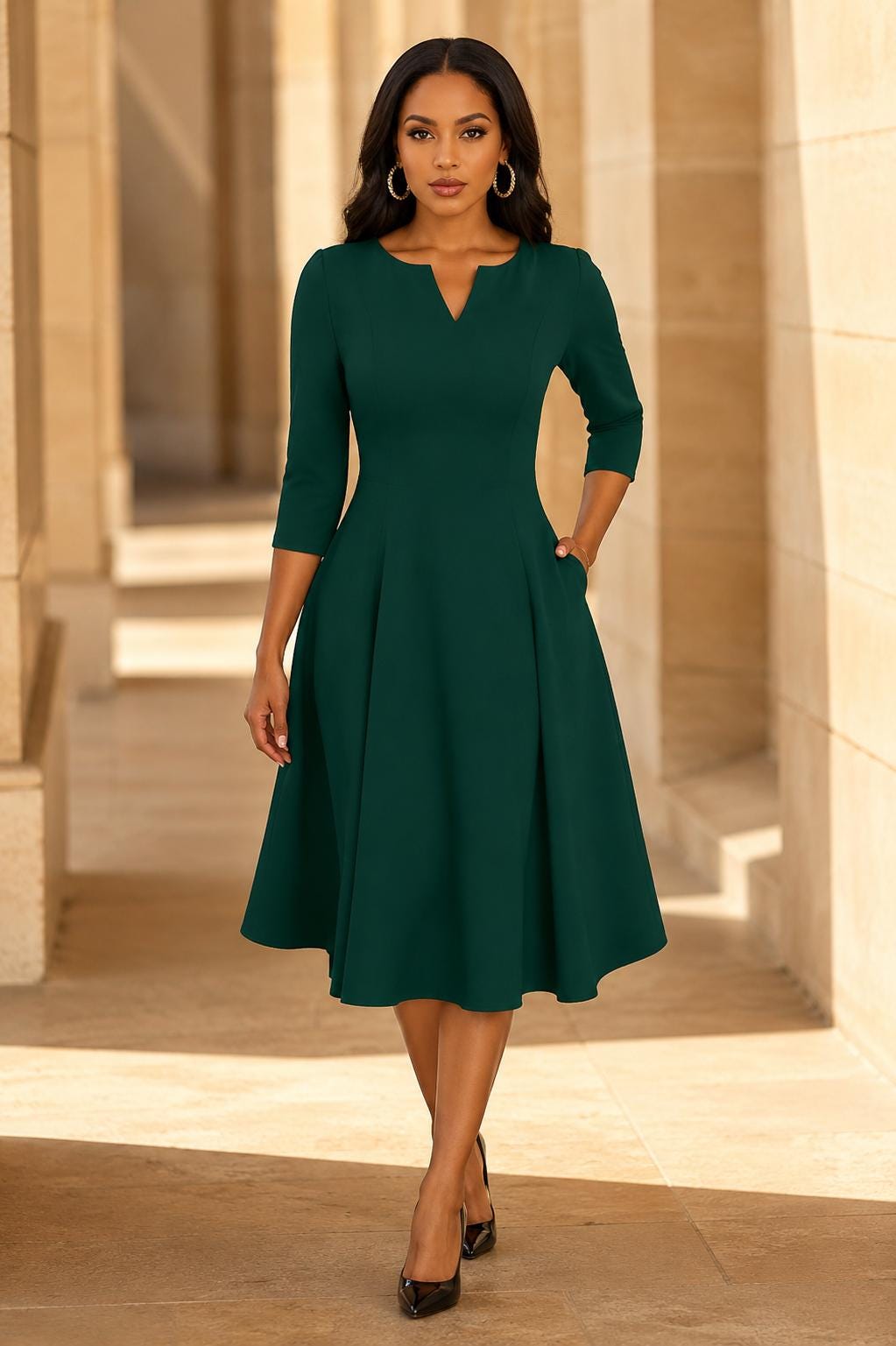Wedding Guest Dress | Cocktail Party Dress | Elegant Formal Midi A-Line | Evening Work Office Outfit