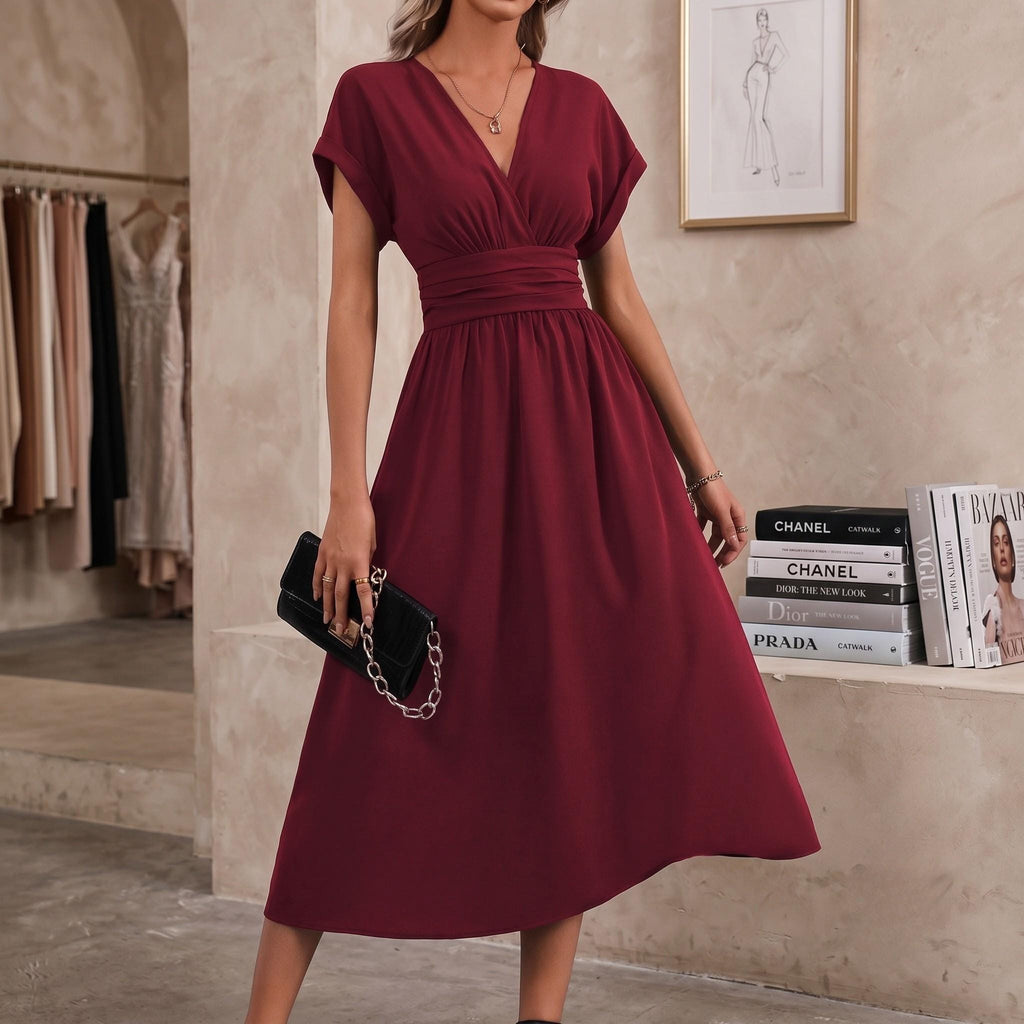 Pleated V-Neck Maxi Dress | Batwing Sleeve Summer Boho Fashion