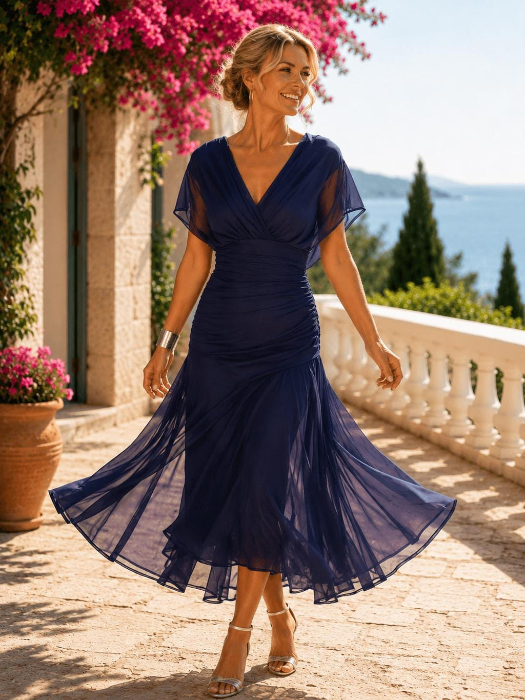 Womens Deep V-Neck Waist-Cinching Off-Shoulder Two-Way Wear Flared Dress