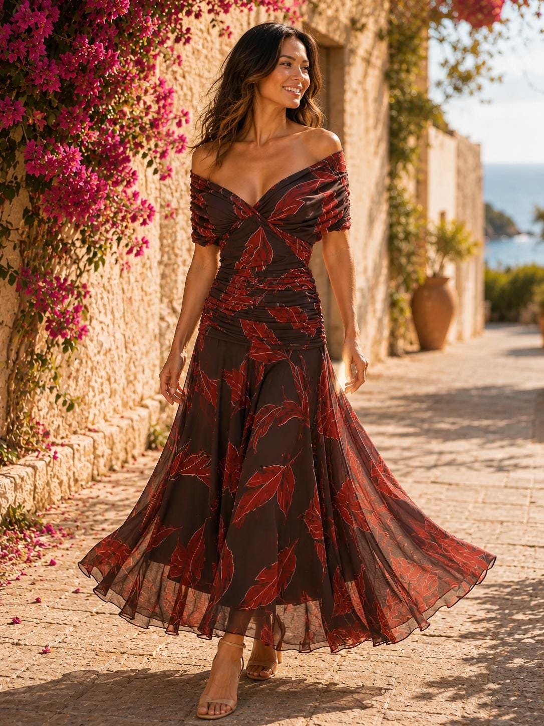Womens Deep V-Neck Waist-Cinching Off-Shoulder Two-Way Wear Flared Dress
