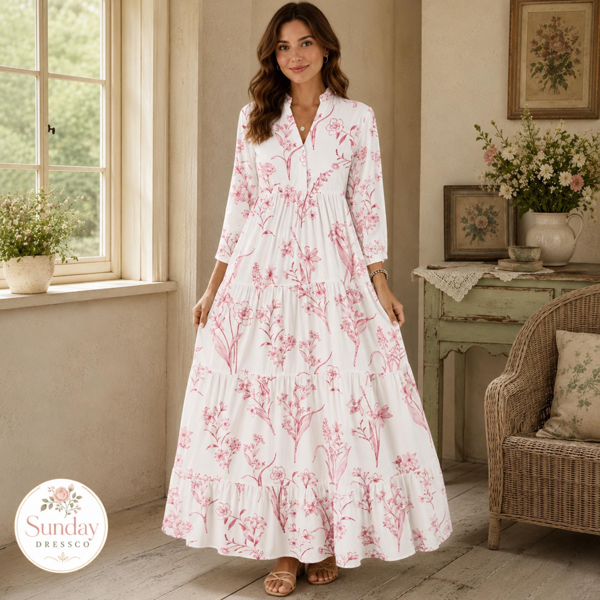 Floral Maxi Dress 3/4 Sleeve - Tiered Gown, Cottagecore Clothing, Spring Outfit