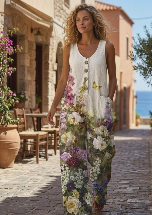 Boho Floral Jumpsuit Women, Wide Leg Romper with Pockets Sleeveless Summer Outfit, Lightweight Bohemian Vacation One Piece Resort Wear