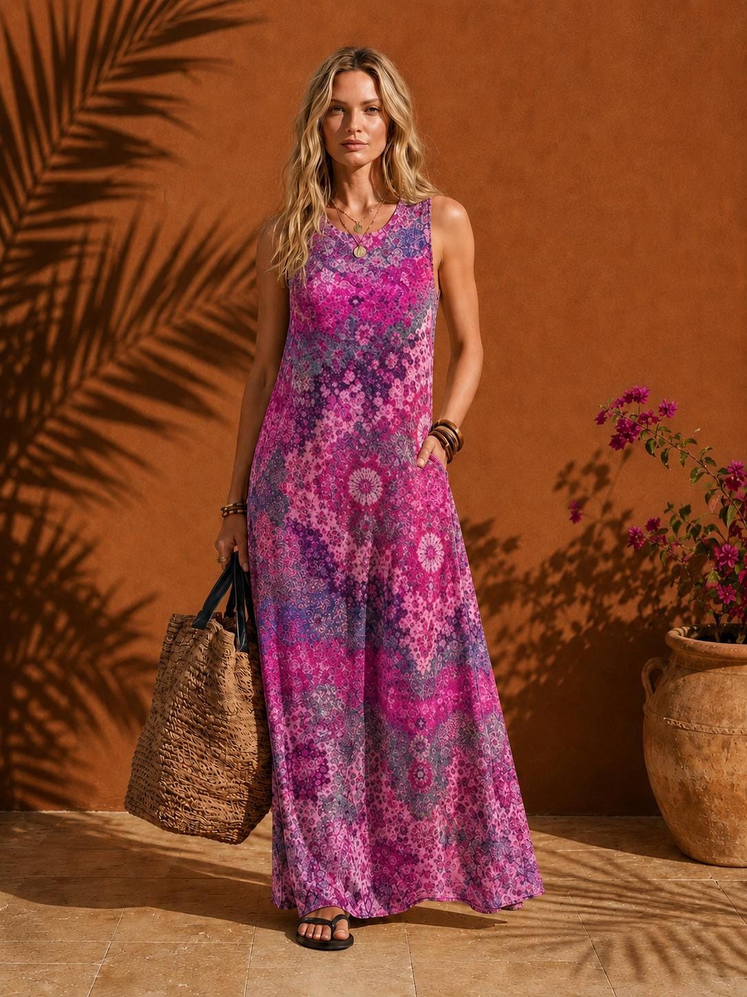 Floral Bohemian Midi Dress with Pockets | Sleeveless Summer Cottagecore Dress, , Sleeveless Cottagecore Summer Dress, Beach, Dress for Women