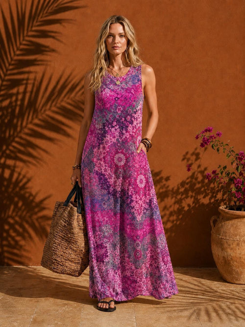 Floral Bohemian Midi Dress with Pockets | Sleeveless Summer Cottagecore Dress, , Sleeveless Cottagecore Summer Dress, Beach, Dress for Women