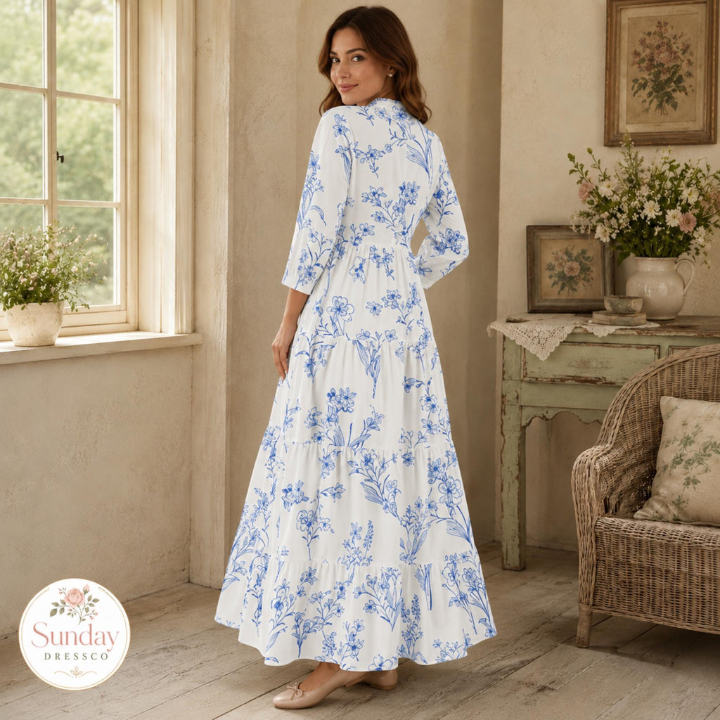 Floral Maxi Dress 3/4 Sleeve - Tiered Gown, Cottagecore Clothing, Spring Outfit