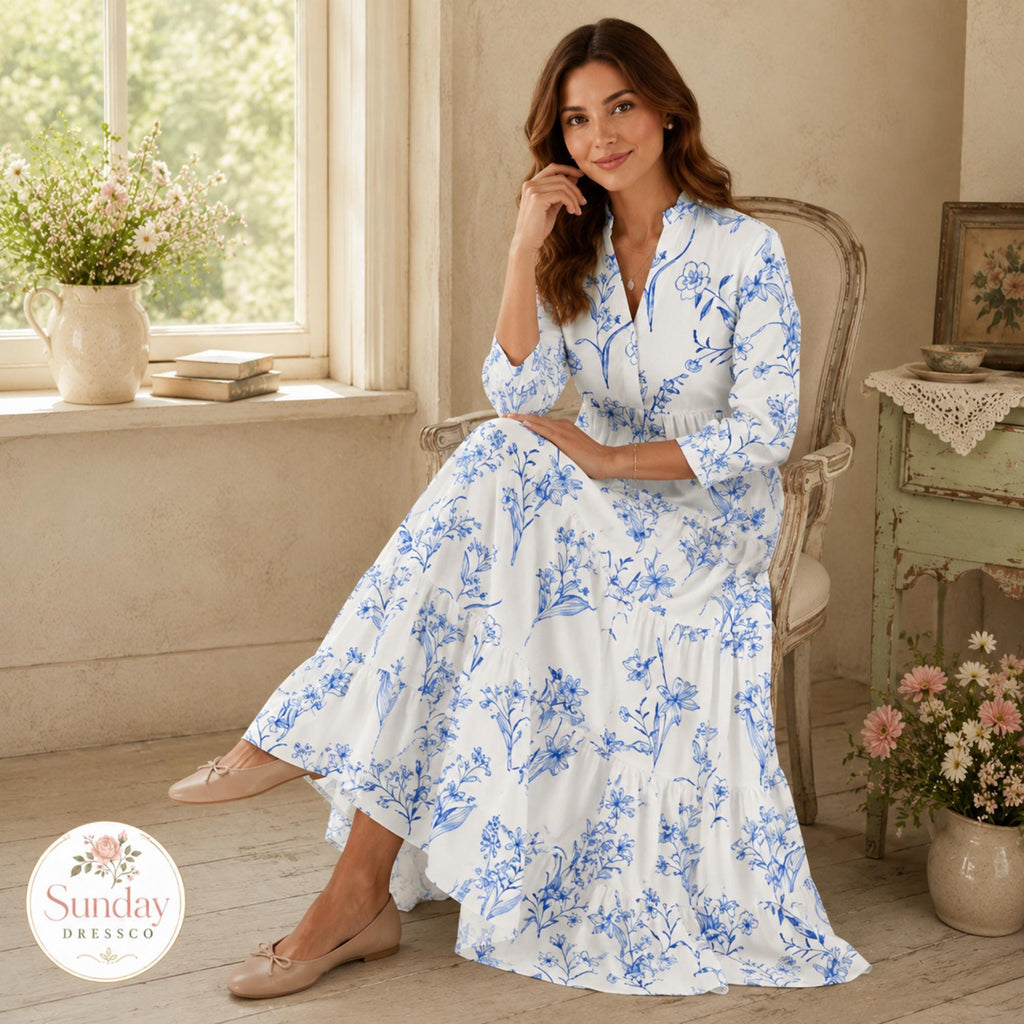Floral Maxi Dress 3/4 Sleeve - Tiered Gown, Cottagecore Clothing, Spring Outfit