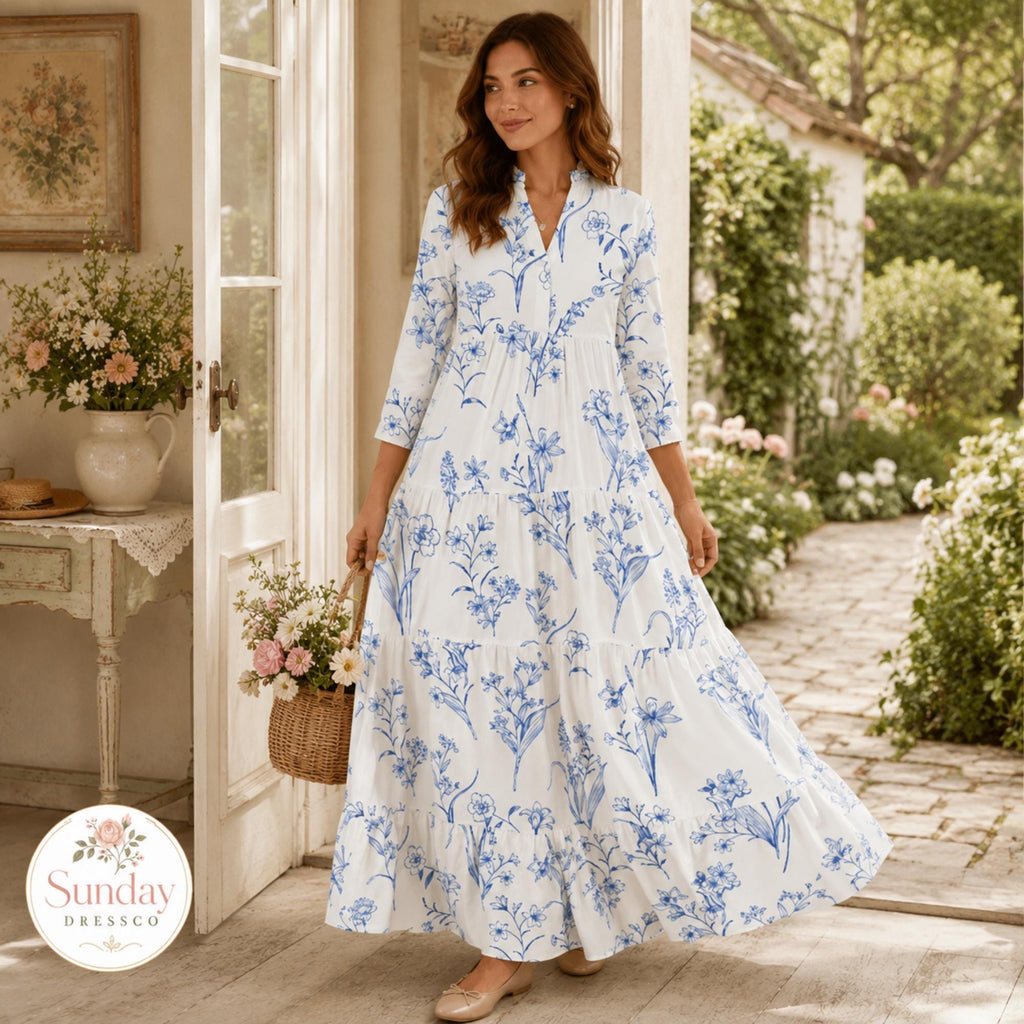 Floral Maxi Dress 3/4 Sleeve - Tiered Gown, Cottagecore Clothing, Spring Outfit