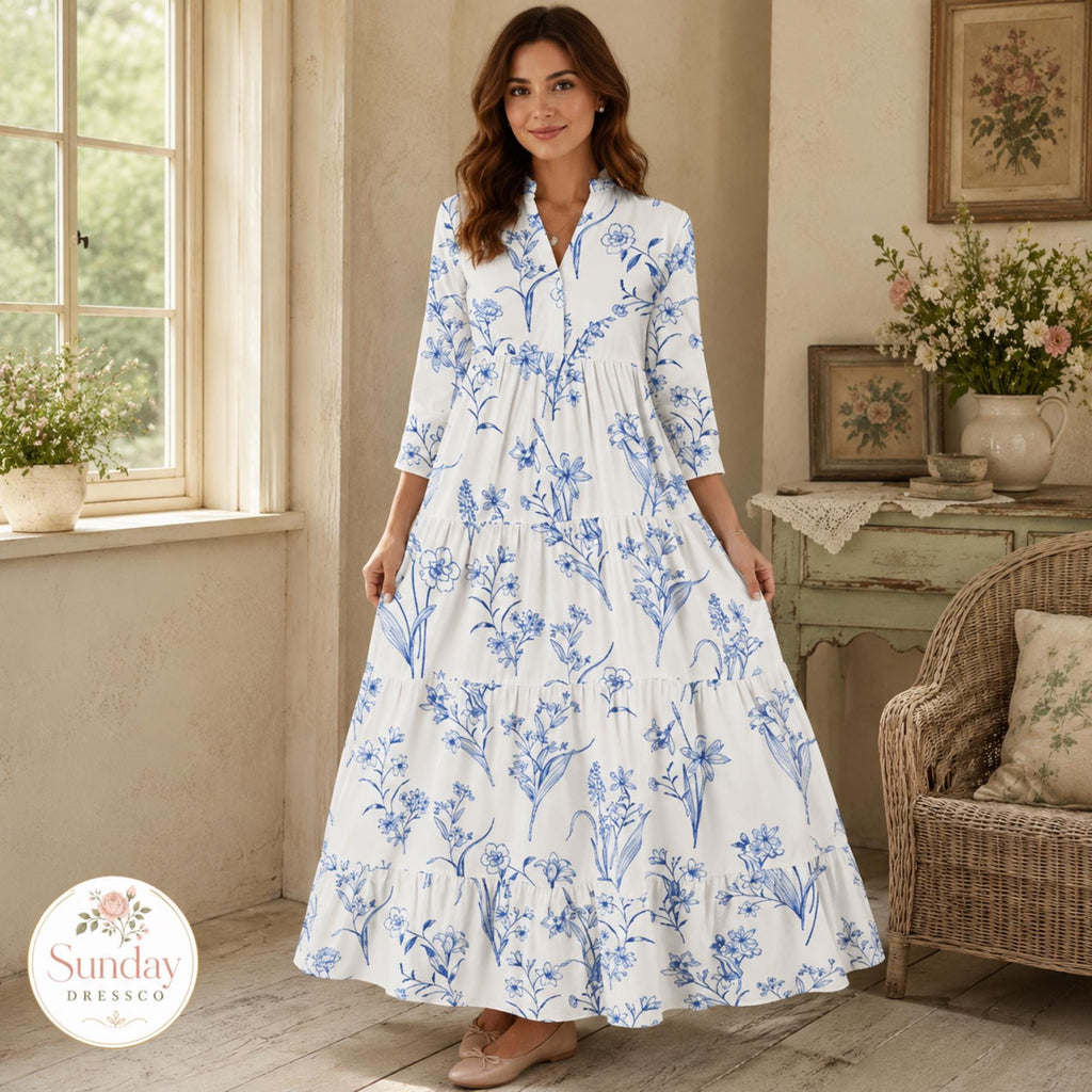Floral Maxi Dress 3/4 Sleeve - Tiered Gown, Cottagecore Clothing, Spring Outfit