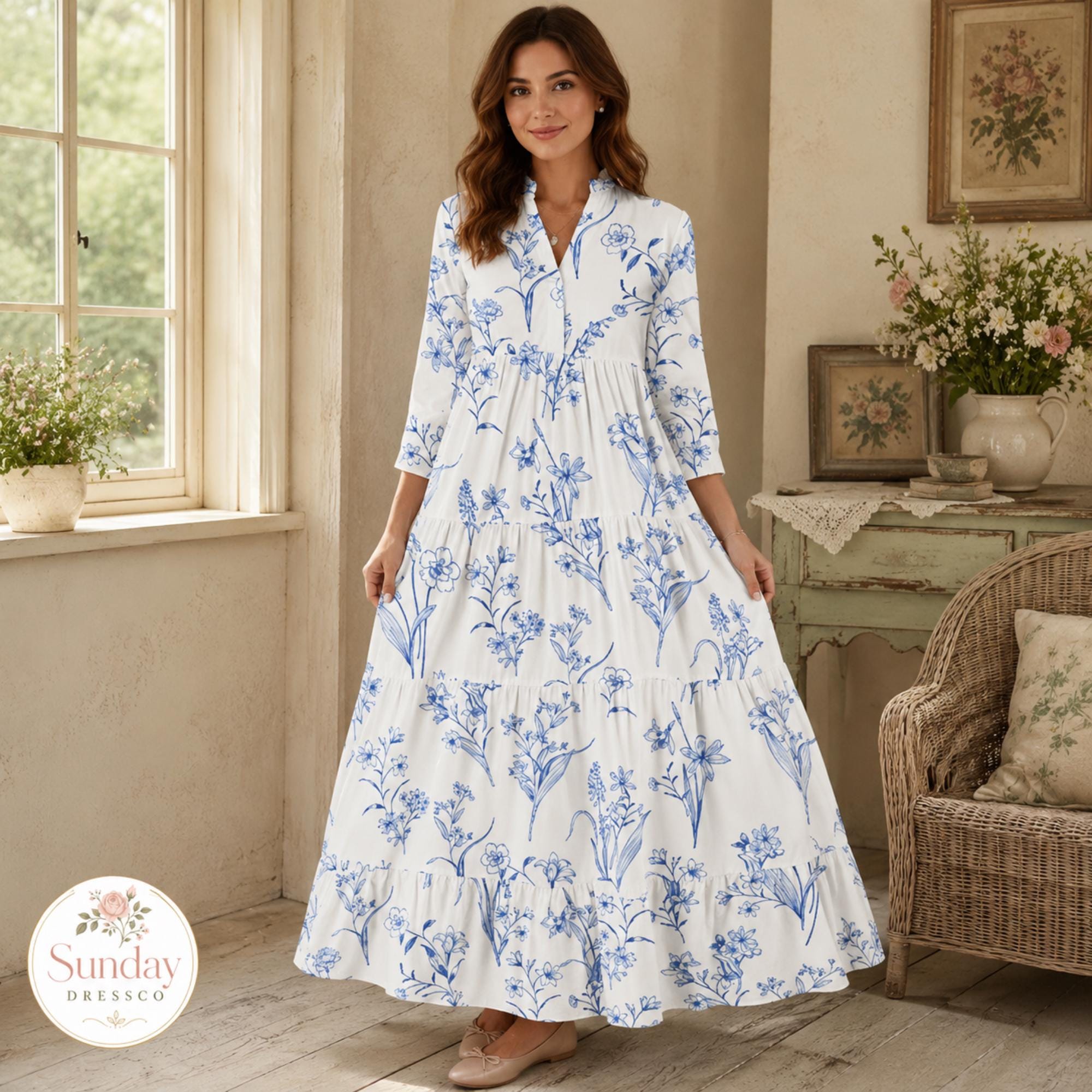 Floral Maxi Dress 3/4 Sleeve - Tiered Gown, Cottagecore Clothing, Spring Outfit