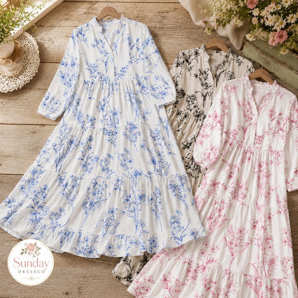 Floral Maxi Dress 3/4 Sleeve - Tiered Gown, Cottagecore Clothing, Spring Outfit