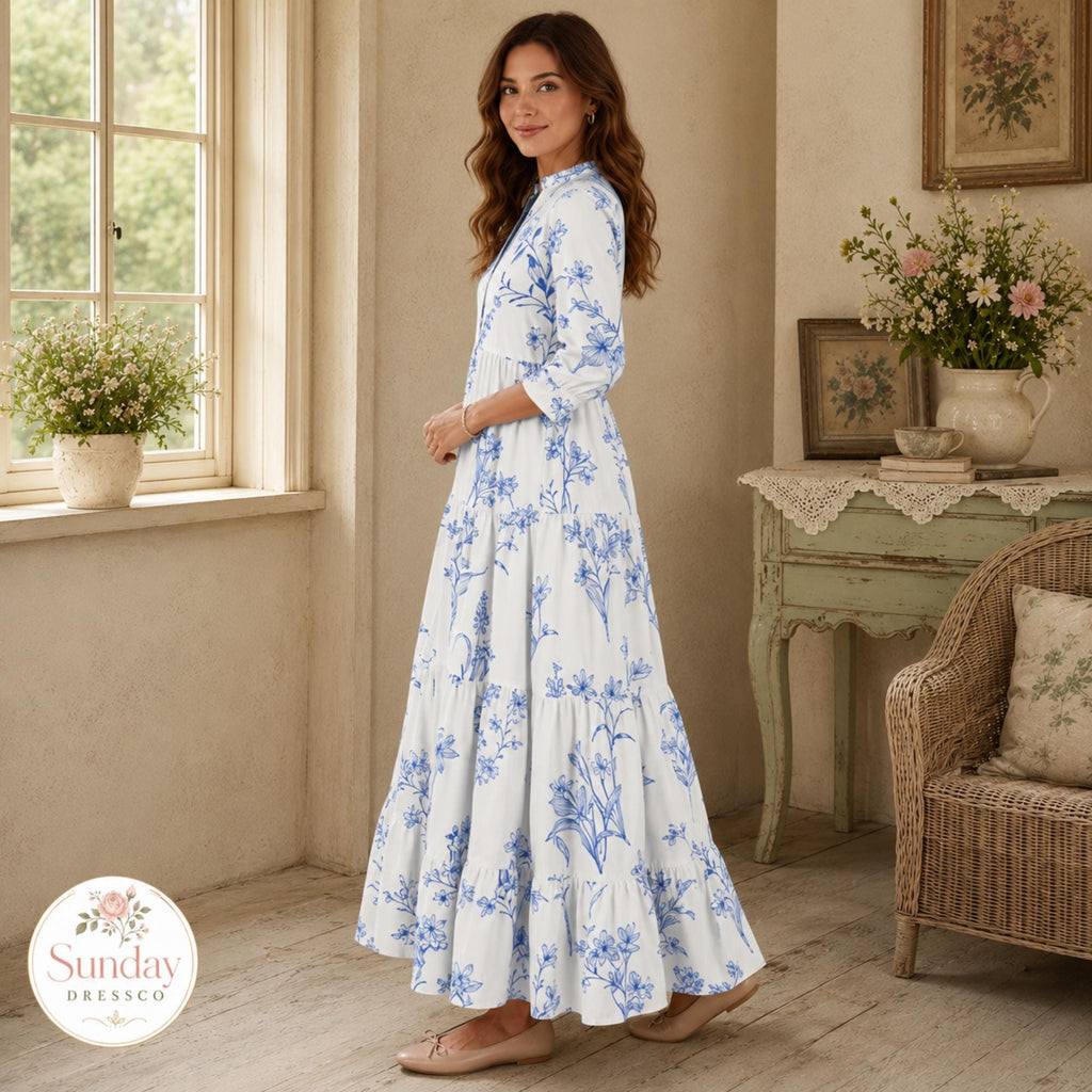 Floral Maxi Dress 3/4 Sleeve - Tiered Gown, Cottagecore Clothing, Spring Outfit