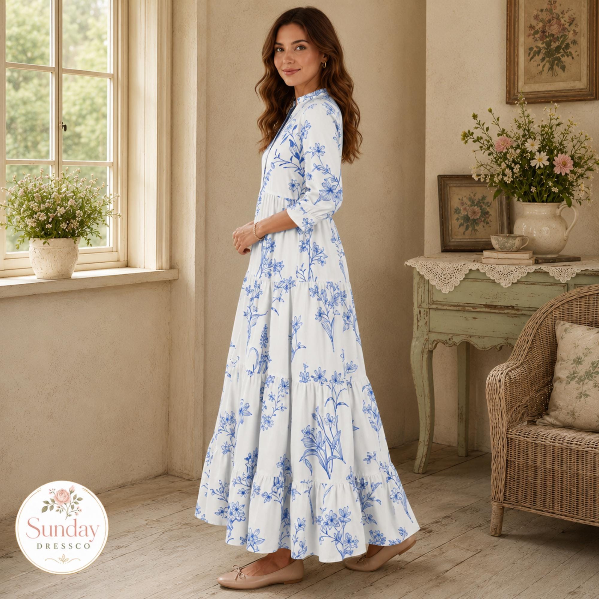 Floral Maxi Dress 3/4 Sleeve - Tiered Gown, Cottagecore Clothing, Spring Outfit
