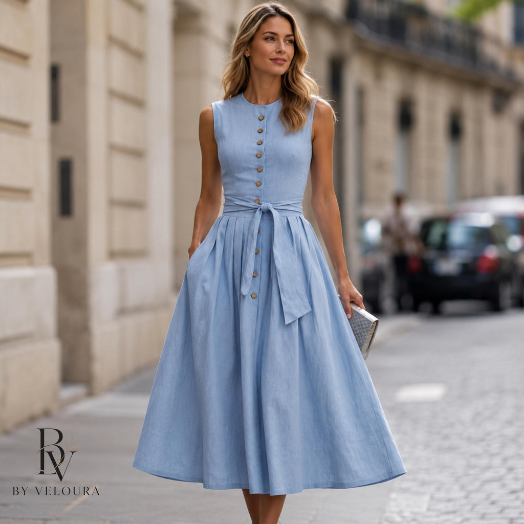 Minimalist Linen Midi Dress for Women, Sleeveless Button Front Summer Dress, Gift For Her