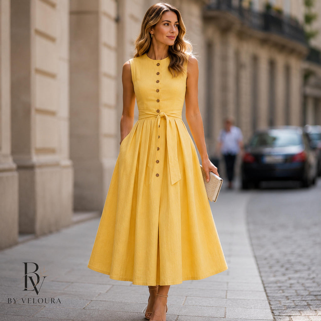 Minimalist Linen Midi Dress for Women, Sleeveless Button Front Summer Dress, Gift For Her