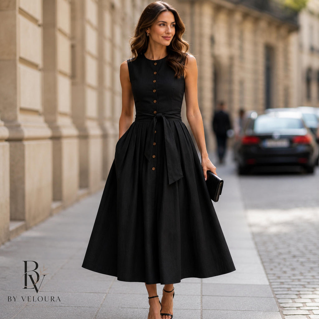 Minimalist Linen Midi Dress for Women, Sleeveless Button Front Summer Dress, Gift For Her