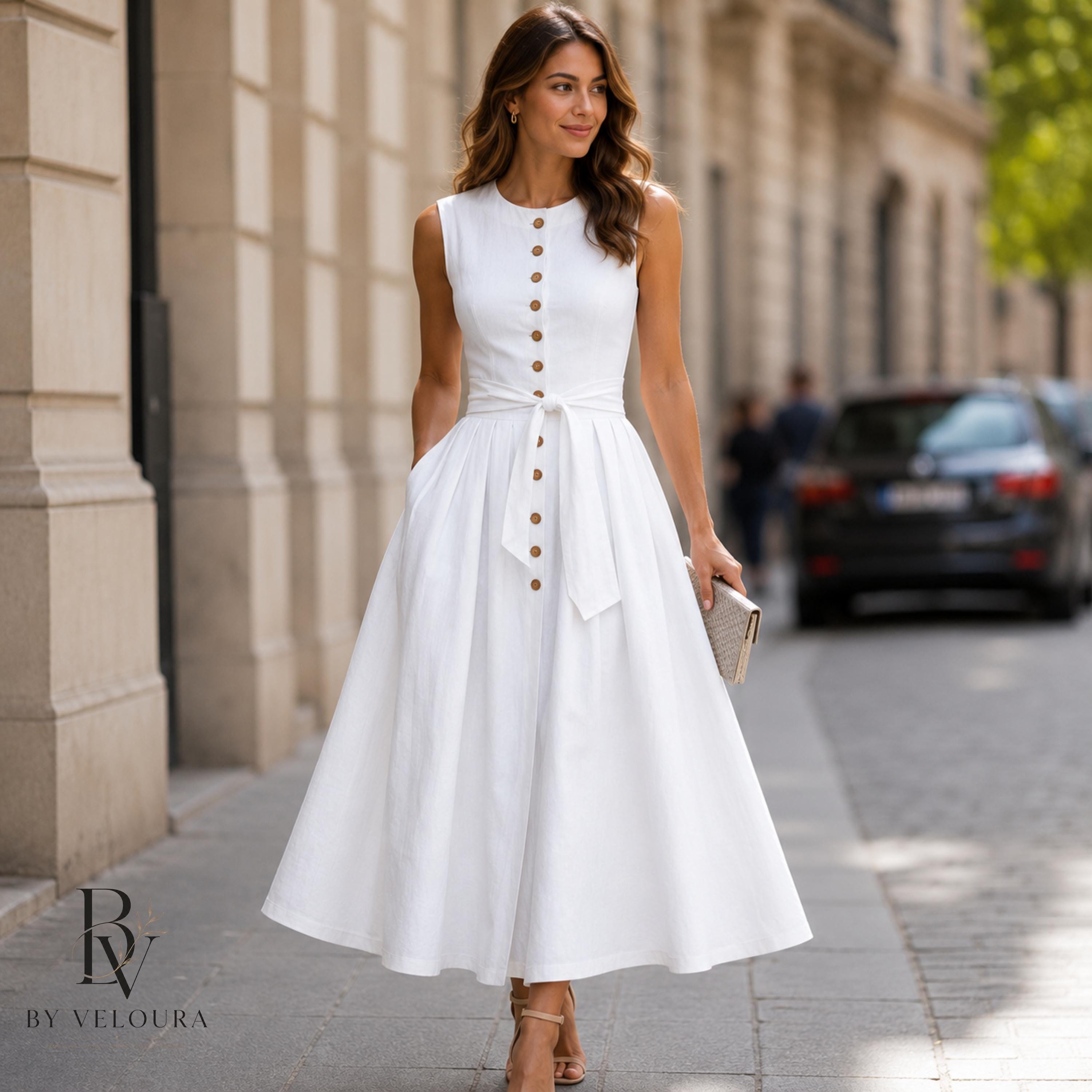 Minimalist Linen Midi Dress for Women, Sleeveless Button Front Summer Dress, Gift For Her