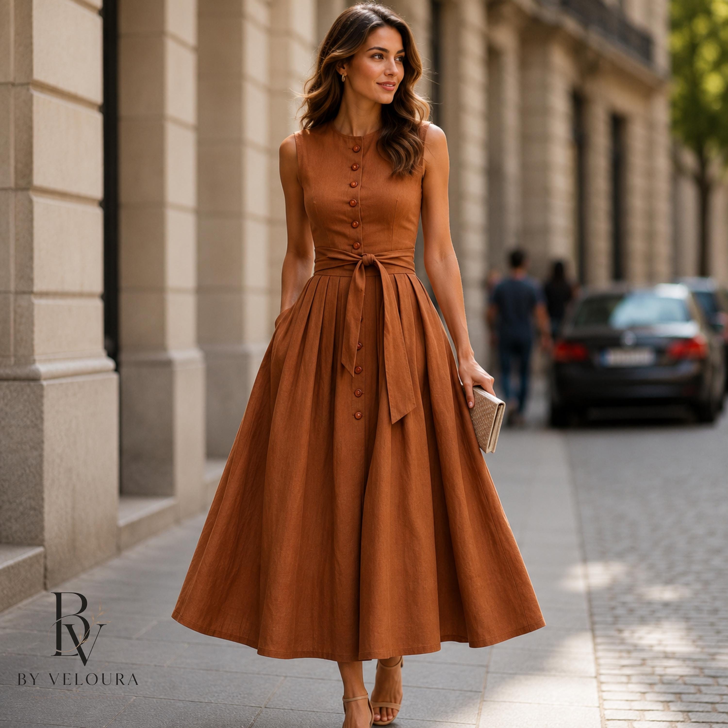 Minimalist Linen Midi Dress for Women, Sleeveless Button Front Summer Dress, Gift For Her
