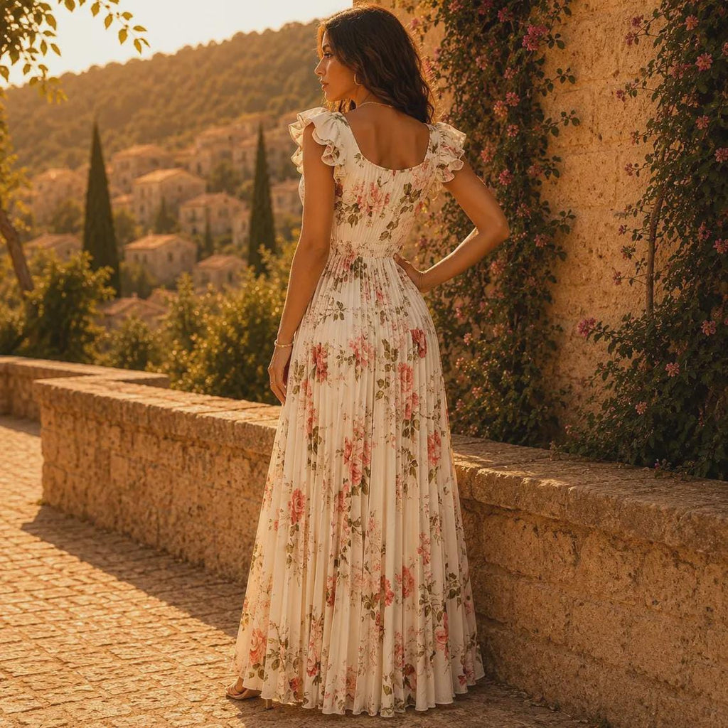 Beige Floral Pleated Maxi Dress, Women's Romantic Ruffle Strap Dress, Elegant Square Neck Summer Dress, Wedding Guest Garden Party Dress