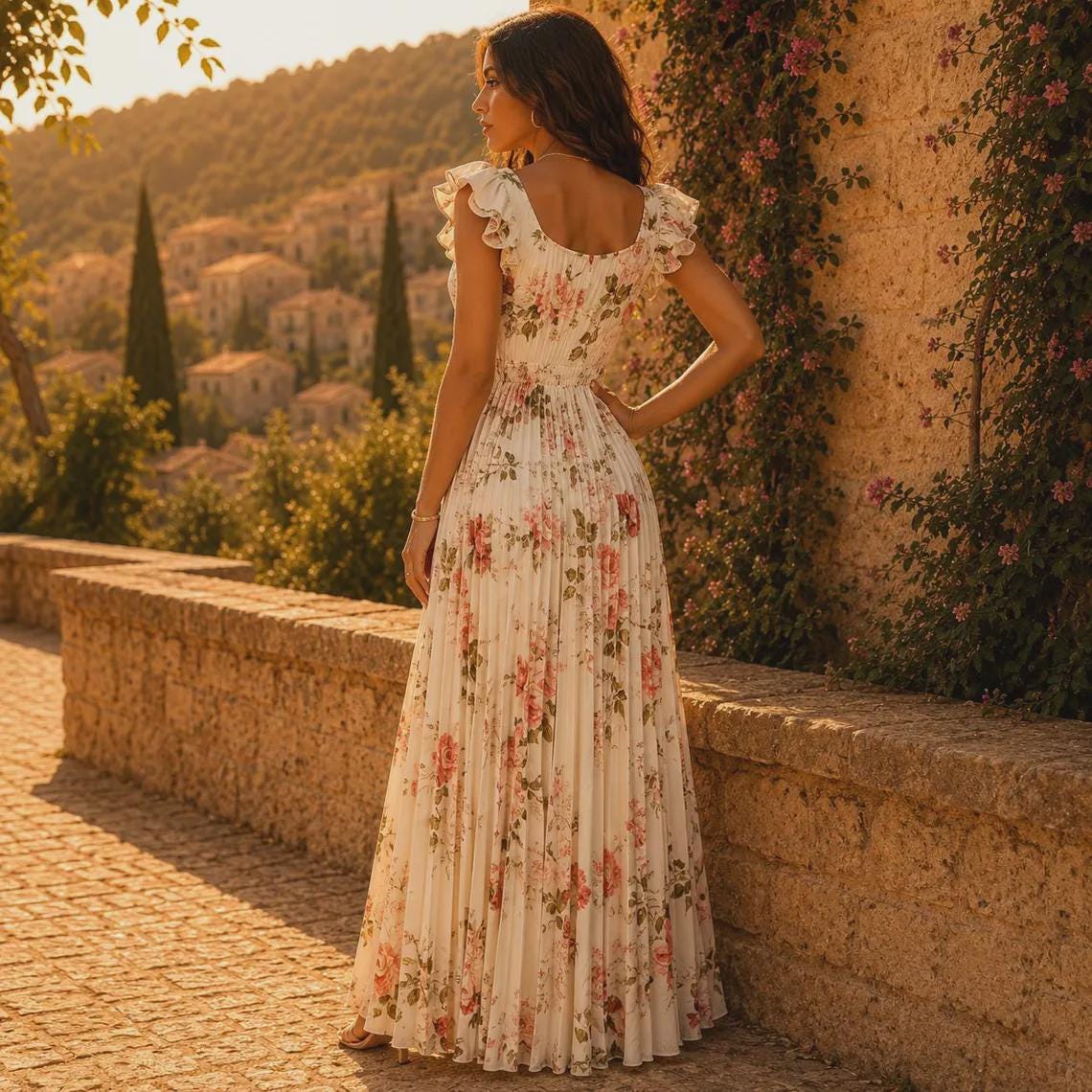 Beige Floral Pleated Maxi Dress, Women's Romantic Ruffle Strap Dress, Elegant Square Neck Summer Dress, Wedding Guest Garden Party Dress