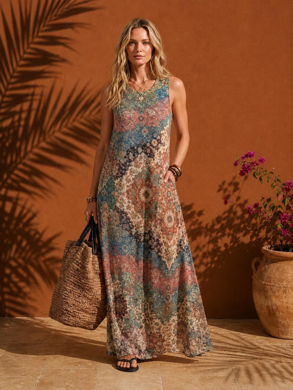 Floral Bohemian Midi Dress with Pockets | Sleeveless Summer Cottagecore Dress, , Sleeveless Cottagecore Summer Dress, Beach, Dress for Women