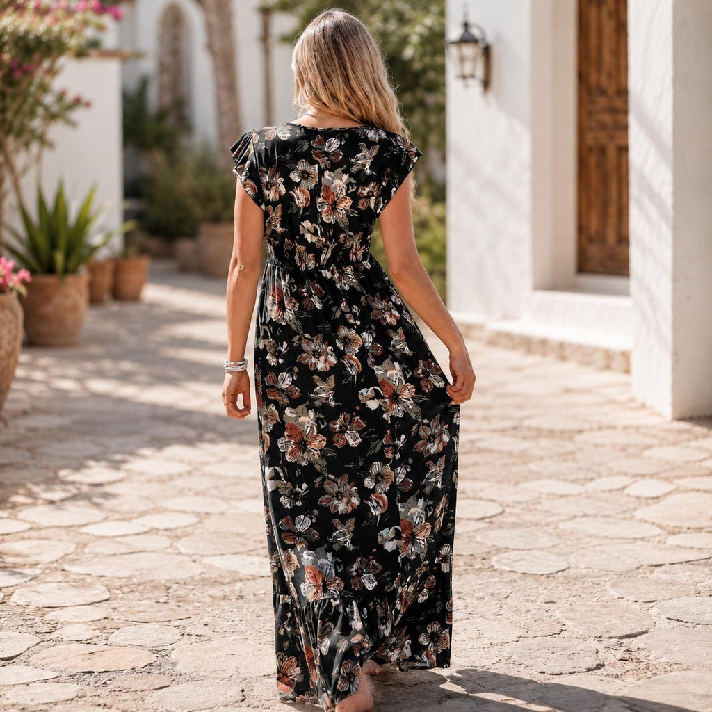 Women's Boho Floral Maxi Dress, Shirred Waist Summer Dress, Ruffle Sleeve Long Dress, Beach Vacation Dress, Flowy A-Line Sundress