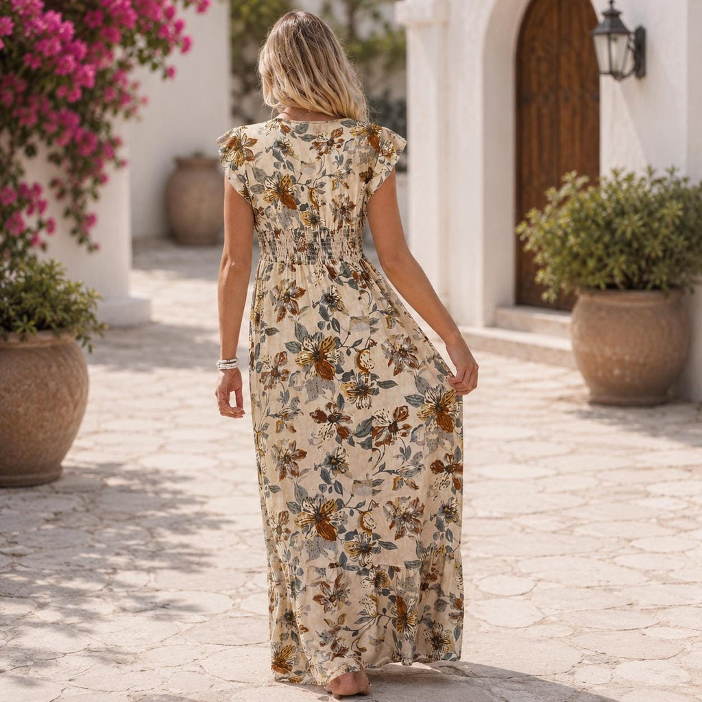 Women's Boho Floral Maxi Dress, Shirred Waist Summer Dress, Ruffle Sleeve Long Dress, Beach Vacation Dress, Flowy A-Line Sundress