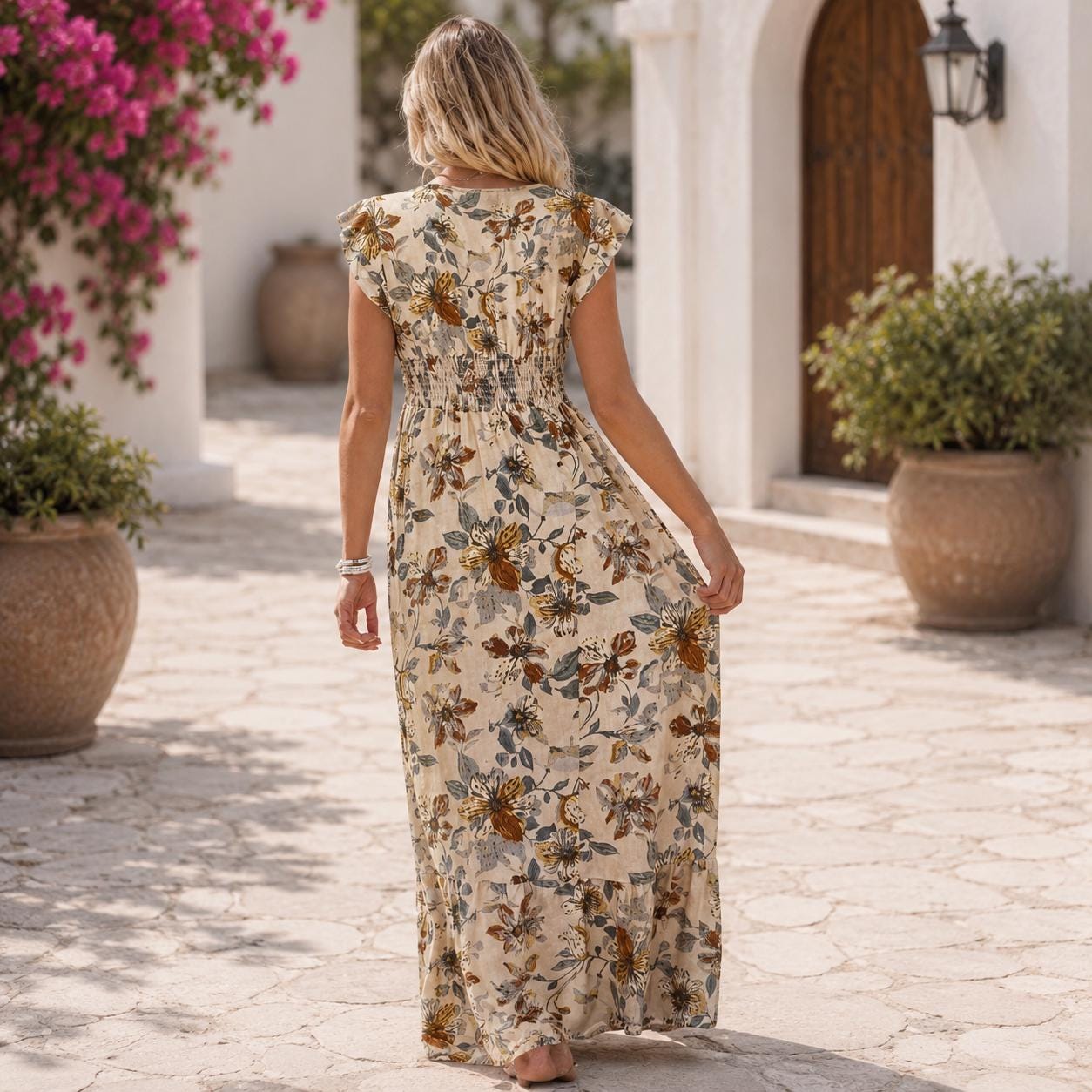 Women's Boho Floral Maxi Dress, Shirred Waist Summer Dress, Ruffle Sleeve Long Dress, Beach Vacation Dress, Flowy A-Line Sundress