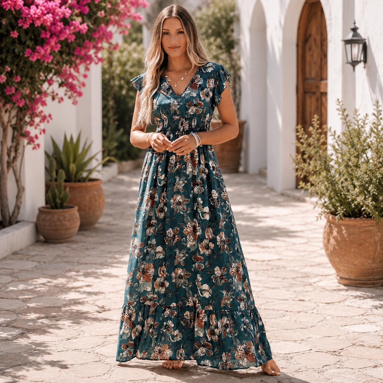 Women's Boho Floral Maxi Dress, Shirred Waist Summer Dress, Ruffle Sleeve Long Dress, Beach Vacation Dress, Flowy A-Line Sundress