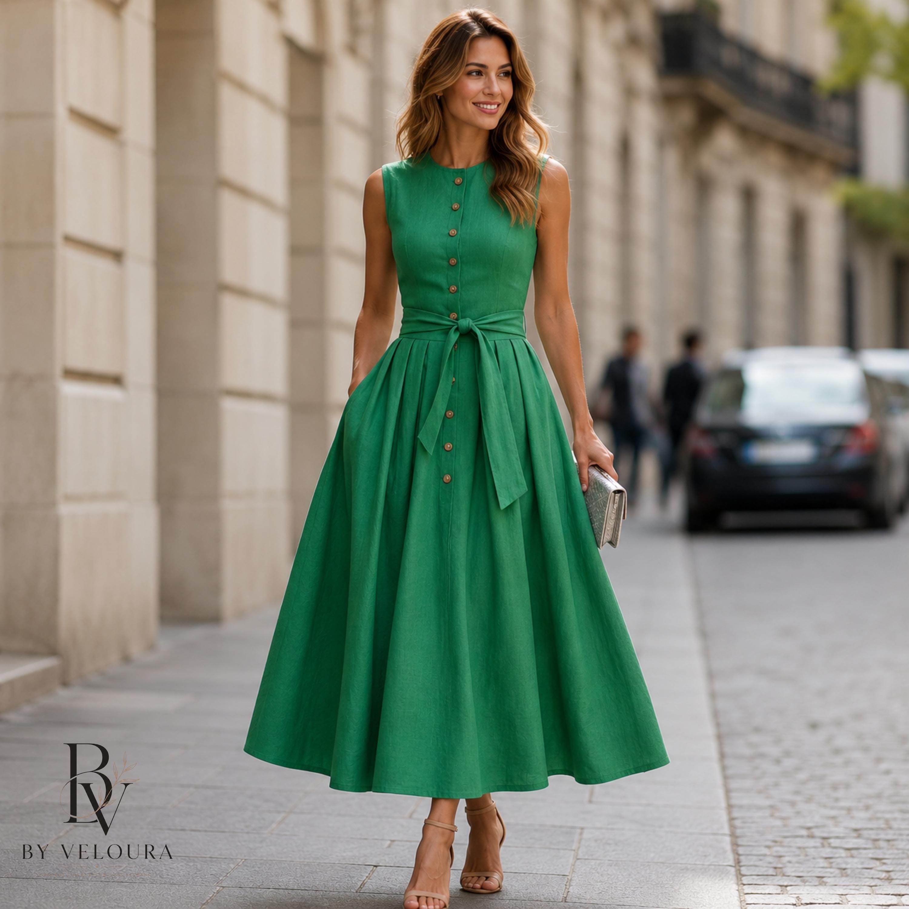 Minimalist Linen Midi Dress for Women, Sleeveless Button Front Summer Dress, Gift For Her