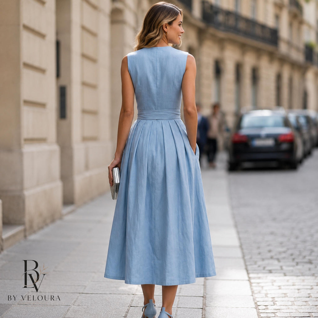 Minimalist Linen Midi Dress for Women, Sleeveless Button Front Summer Dress, Gift For Her