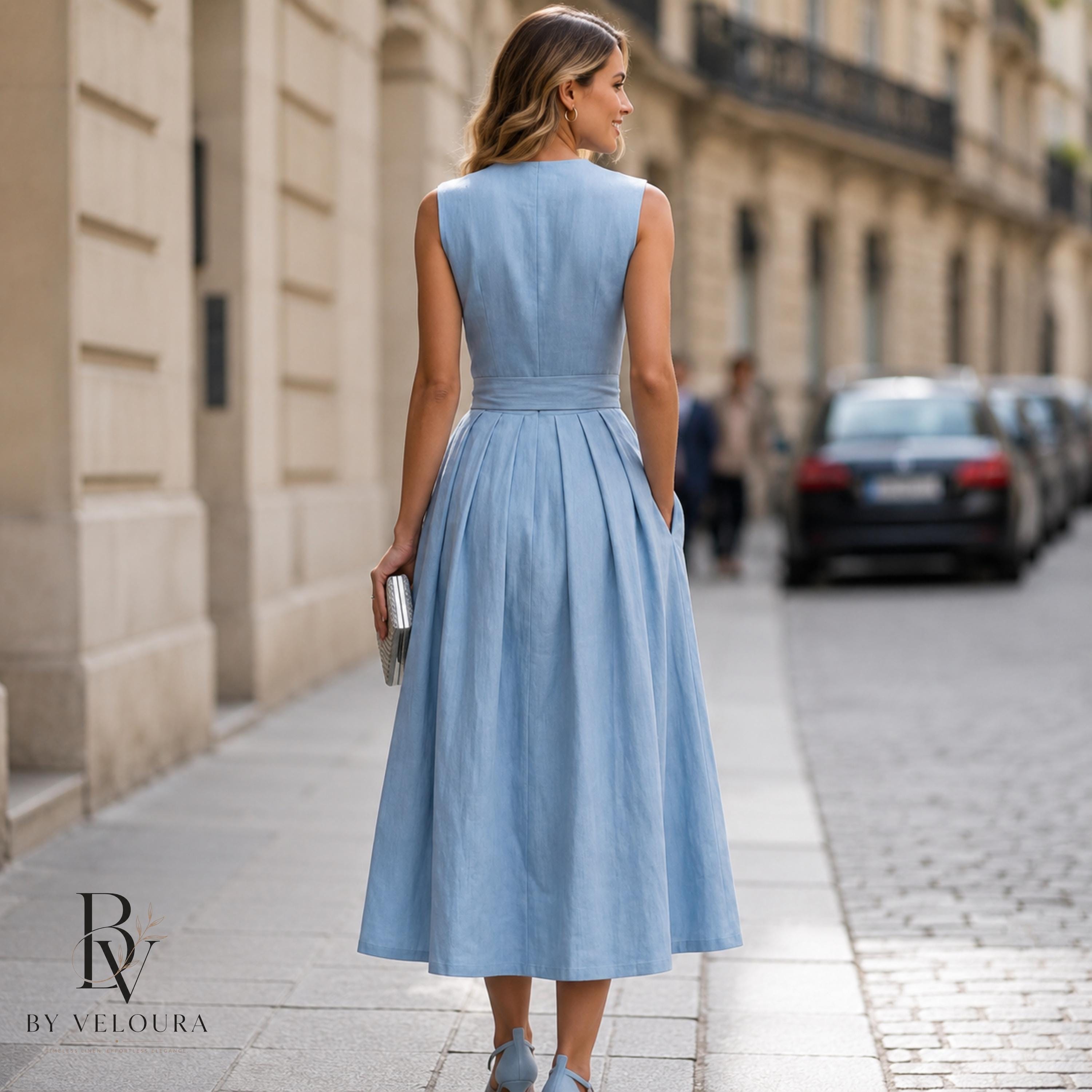 Minimalist Linen Midi Dress for Women, Sleeveless Button Front Summer Dress, Gift For Her