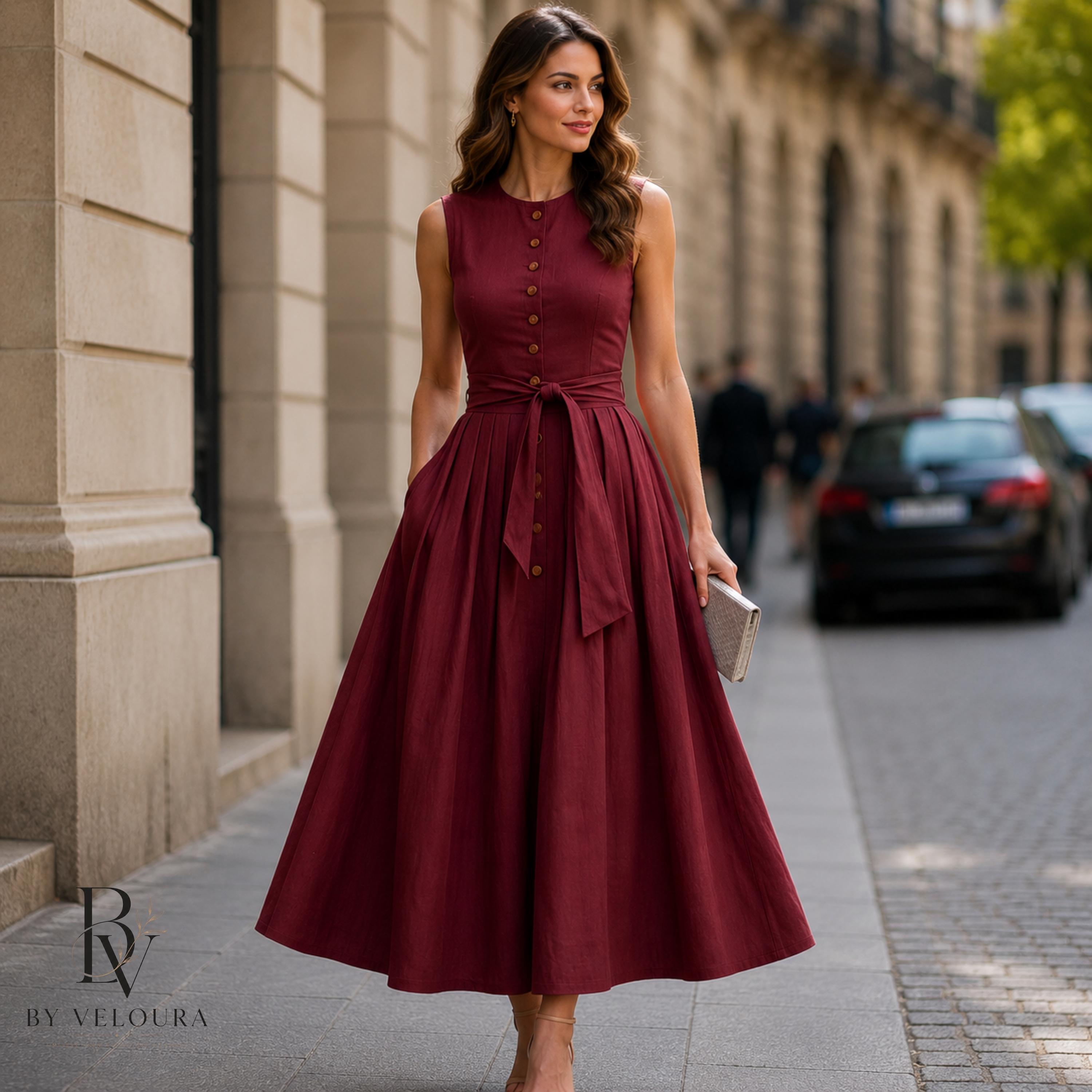 Minimalist Linen Midi Dress for Women, Sleeveless Button Front Summer Dress, Gift For Her