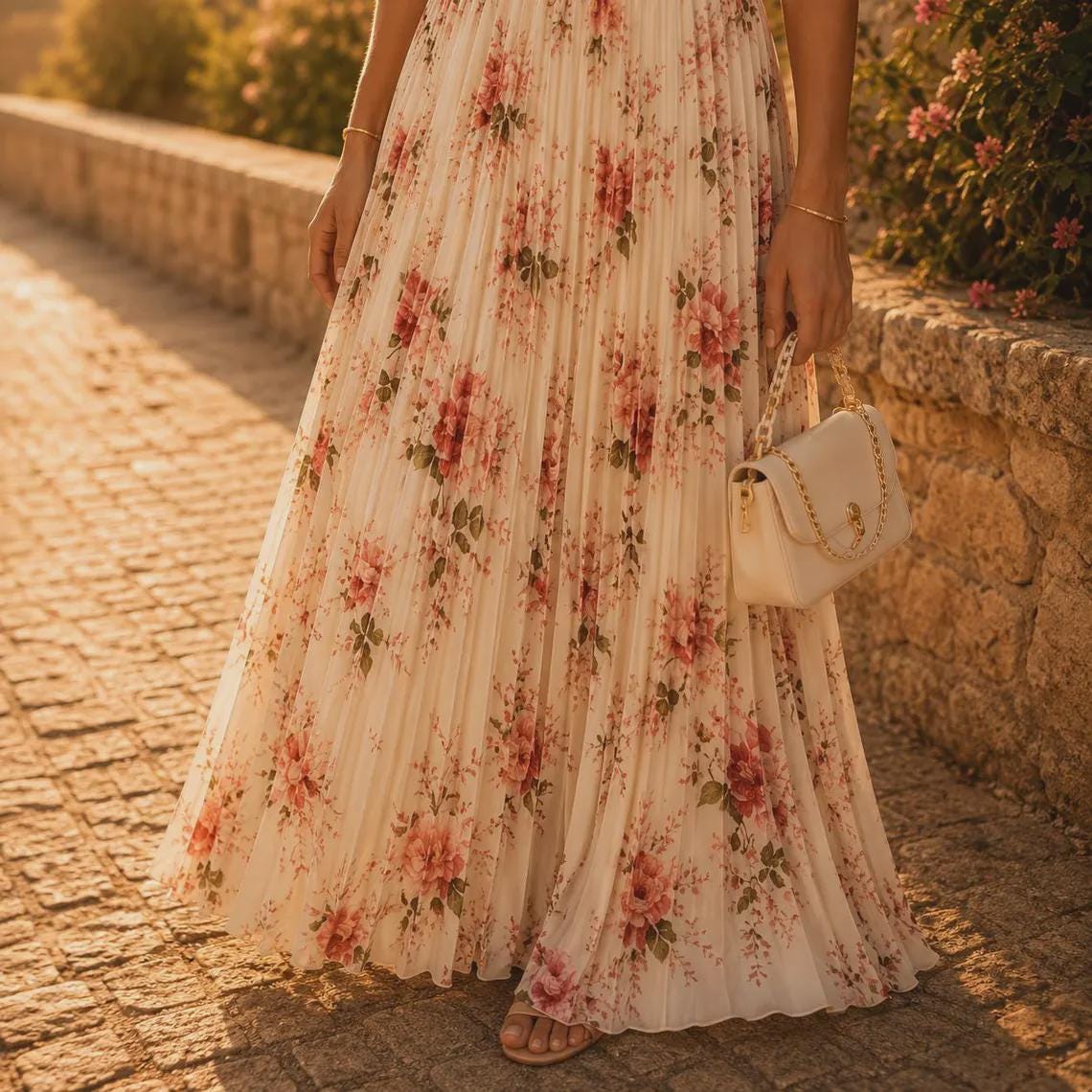 Beige Floral Pleated Maxi Dress, Women's Romantic Ruffle Strap Dress, Elegant Square Neck Summer Dress, Wedding Guest Garden Party Dress