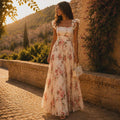 Beige Floral Pleated Maxi Dress, Women's Romantic Ruffle Strap Dress, Elegant Square Neck Summer Dress, Wedding Guest Garden Party Dress
