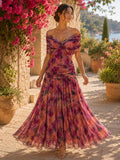 Womens Deep V-Neck Waist-Cinching Off-Shoulder Two-Way Wear Flared Dress