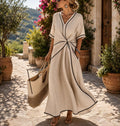 Women's Twist Front V-Neck Maxi Dress – Casual Summer Beach Dress with Pockets